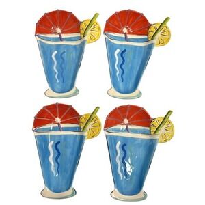 4‎ Clay Art Hand Painted Dishes Summer Umbrella Drink Lemon Straw Blue Red